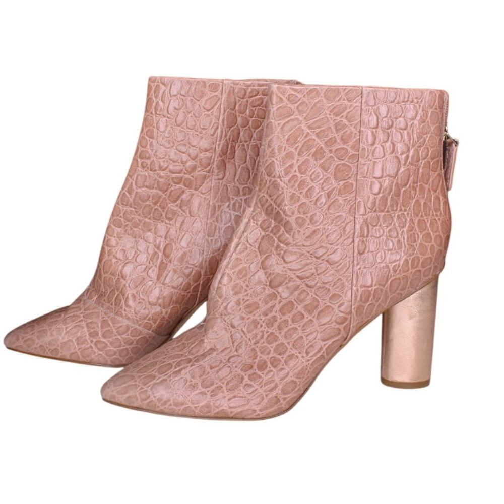 Nine West Eric Ankle Boots Chunky Heel Croc Embossed Leather Rose Gold - Picture 3 of 5